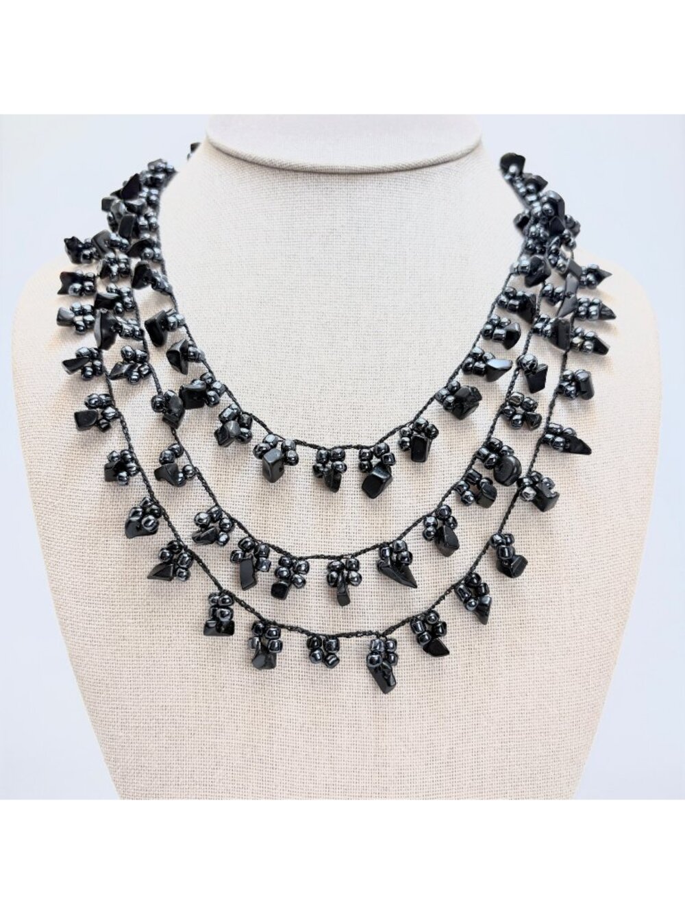 Black Onyx and Glass Bead Triple Strand Nesting Necklace Lobster Clasp 16" Lengt